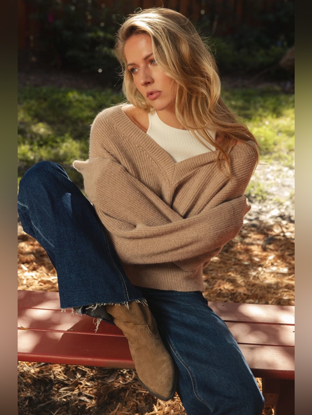 NWT Elan Taupe Ribbed V-Neck Pullover Sweater with Knit Attached |Chic Fall Look